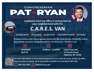 Congressman Pat Ryan's C.A.R.E. Vans - April 25th 10am-Noon at Town Hall
