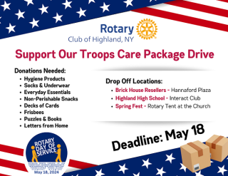 Rotary Club of Highland Support Our Troops Care Package Drive - Deadline to Donate May 18th