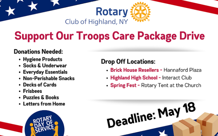 Rotary Club of Highland Support Our Troops Care Package Drive - Deadline to Donate May 18th